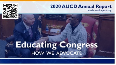 image: logo for the 2020 AUCD Annual Report featuring the picture of two men talking and the words 'Educating Congress: How we advocate'
